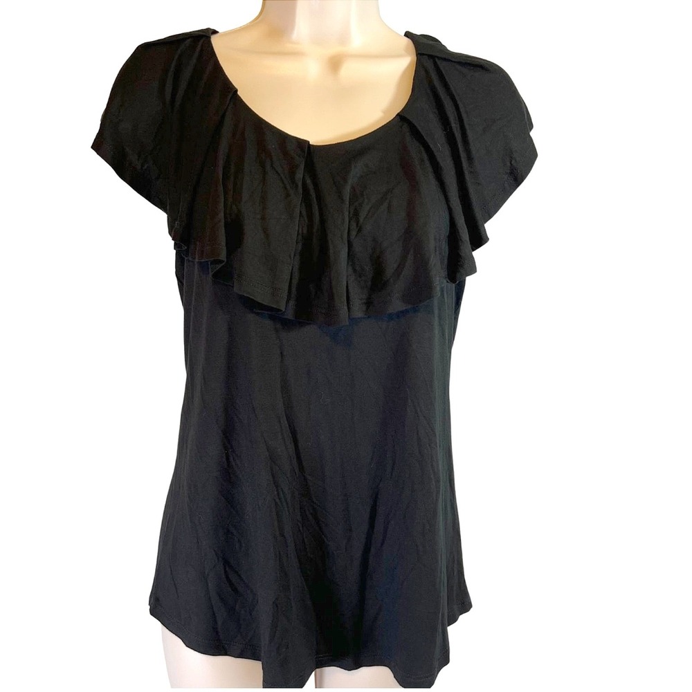 Cable & Gauge Ruffle Neck Short Sleeve Blouse Solid Black Casual Knit Top Small